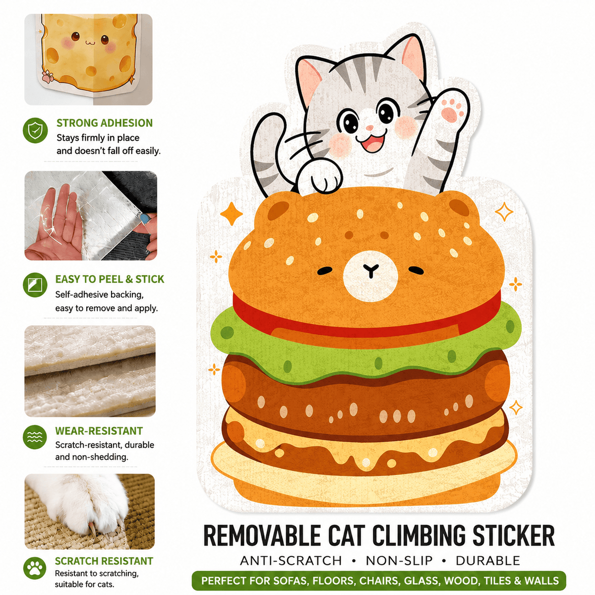 Burger cat design cat scratcher wall pad, badged anti scratch, non slip and durable.
