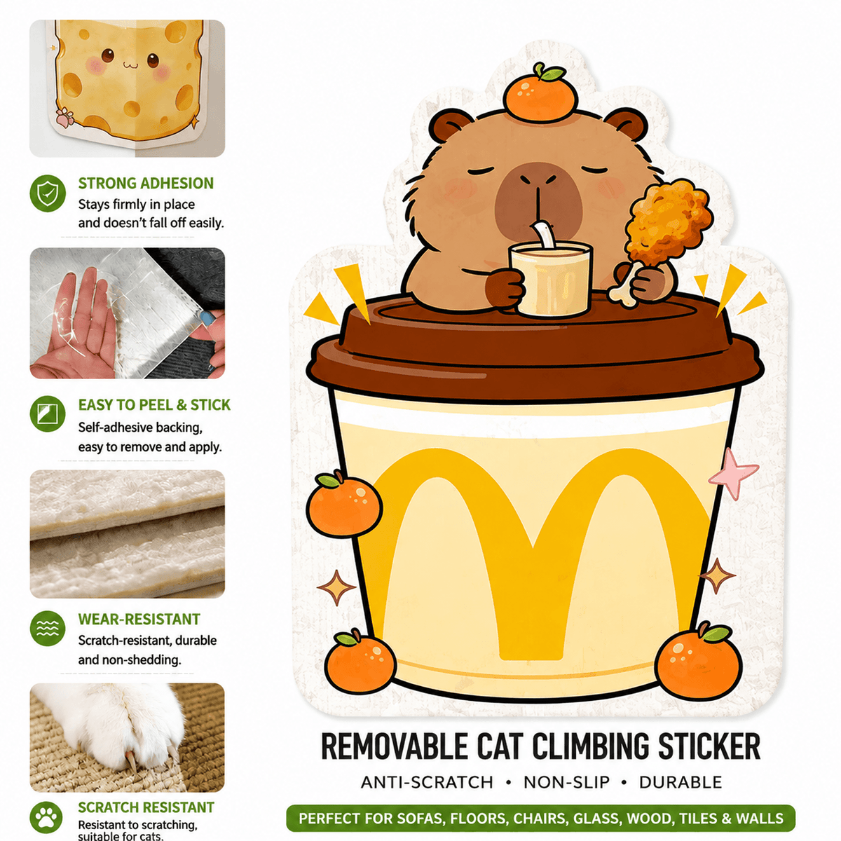 Capybara and cup design cat scratcher wall pad, badged anti scratch, non slip and durable.