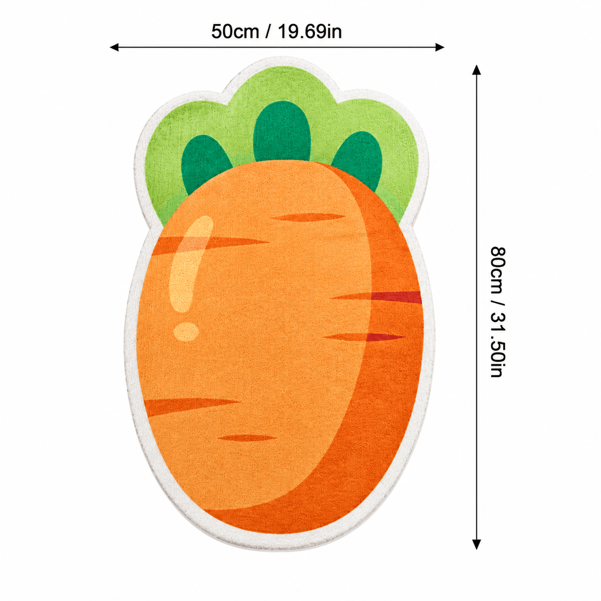 Carrot design cat scratcher wall pad with its 50 cm width and 80 cm height marked.