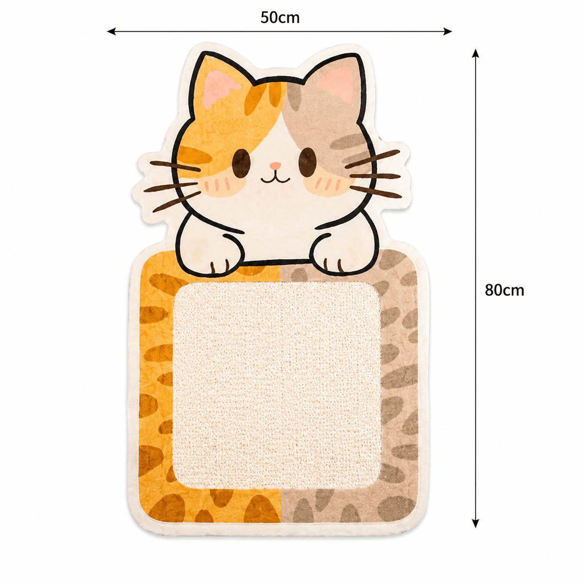 Cute cat design cat scratcher wall pad with its 50 cm width and 80 cm height marked.