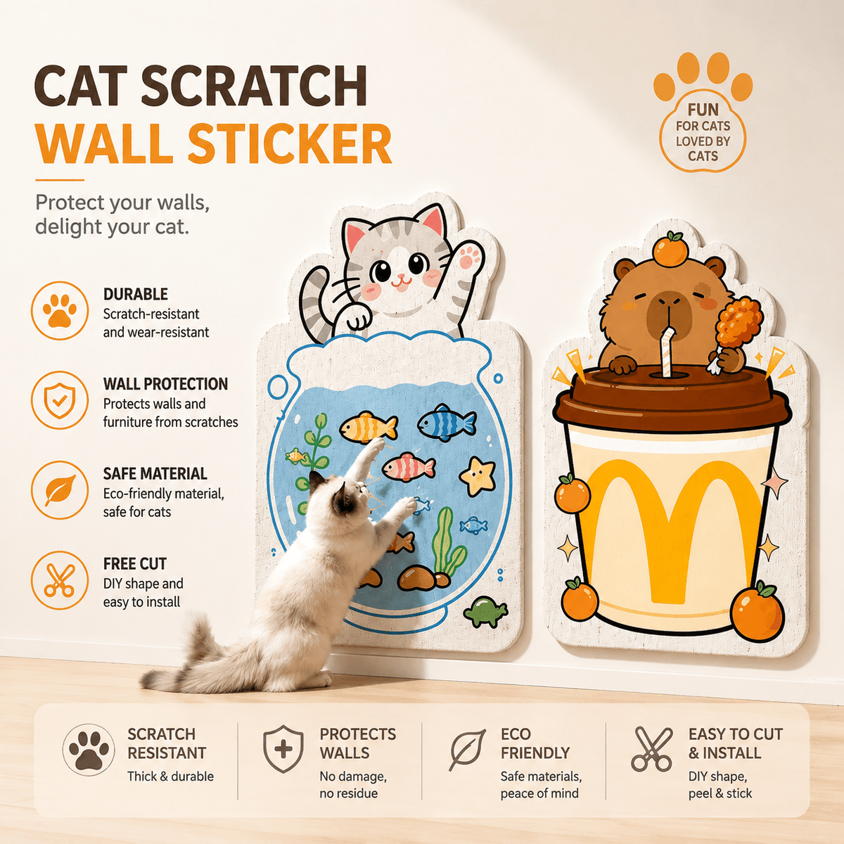 Cat scratcher wall pads on a wall with durable, wall protection, safe material and free cut callouts.