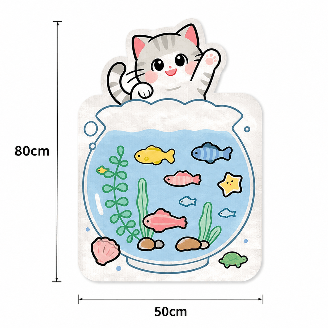 Fish bowl cat design cat scratcher wall pad with its 50 cm width and 80 cm height marked.