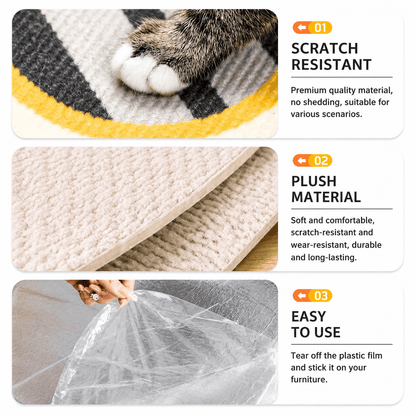 Three panels for the cat scratcher wall pad: scratch resistant surface, plush material and tearing off the film before sticking it on furniture.