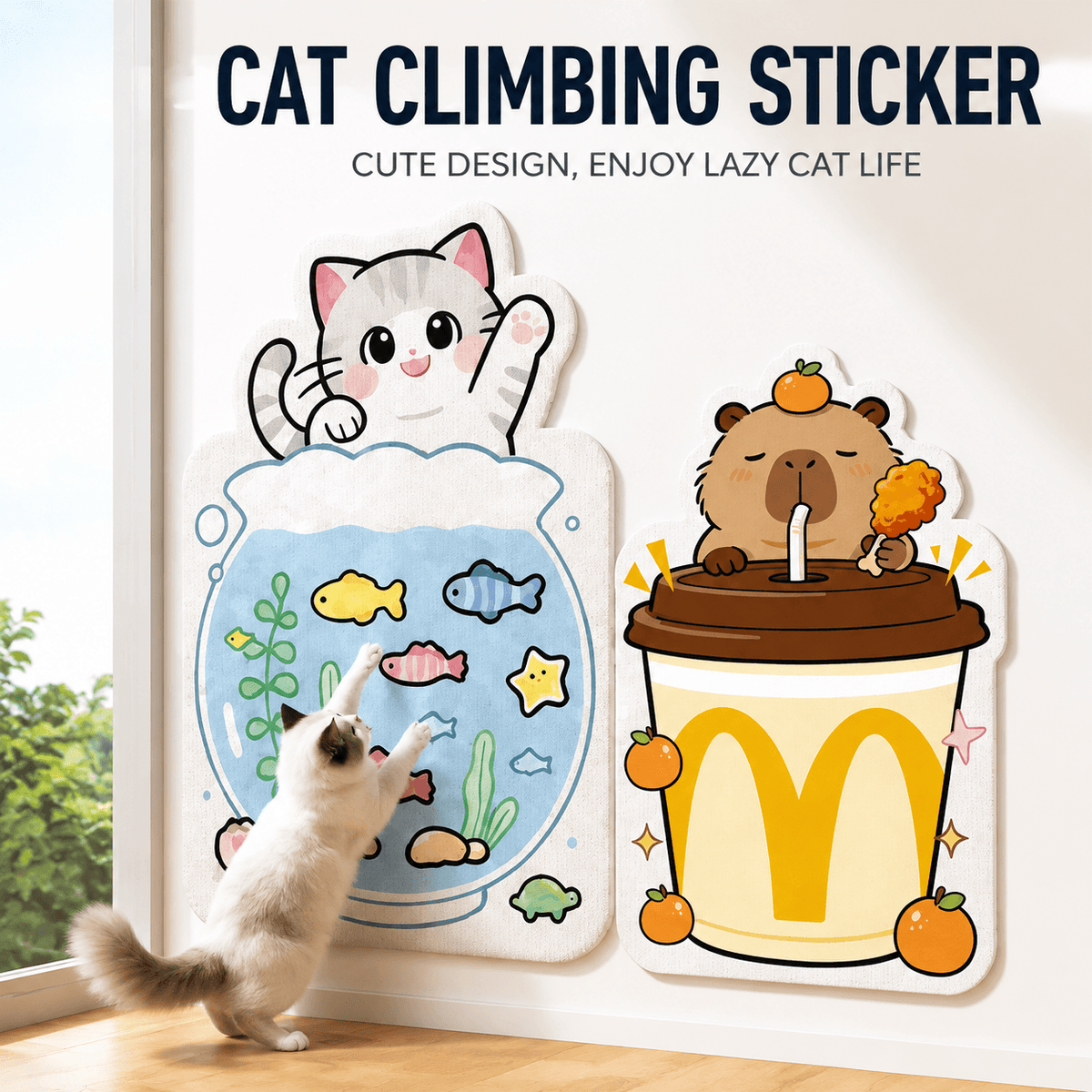 Two cat scratcher wall pads stuck on a wall with a cat climbing one, captioned cat climbing sticker.