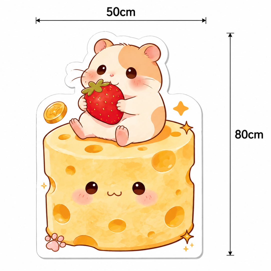 Strawberry hamster design cat scratcher wall pad with its 50 cm width and 80 cm height marked.