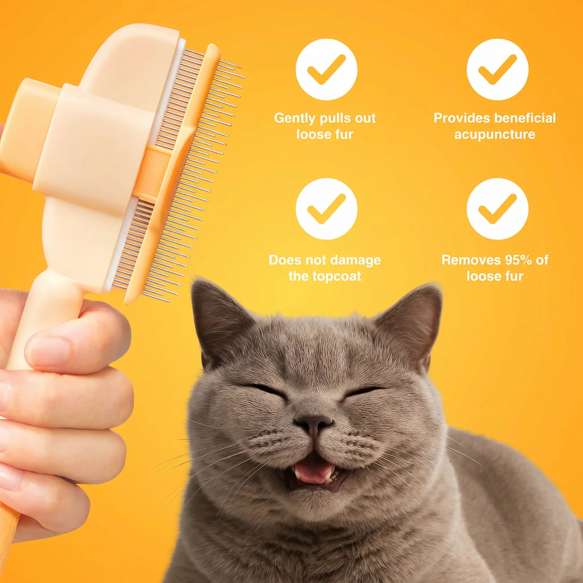 Hand brushing a contented gray cat with the yellow self cleaning cat slicker brush.