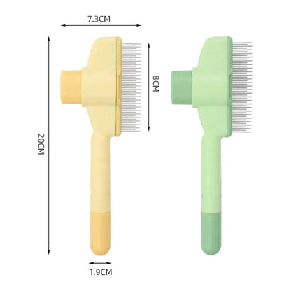 Yellow and green self cleaning cat slicker brushes with the 20 cm length, 7.3 cm head width and 1.9 cm handle width marked.