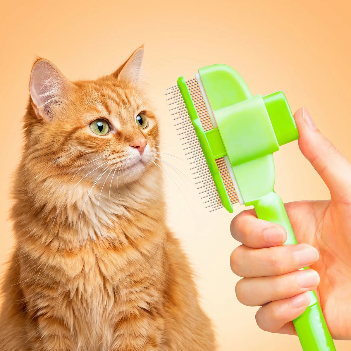 Hand holding the green self cleaning cat slicker brush next to a fluffy orange cat.