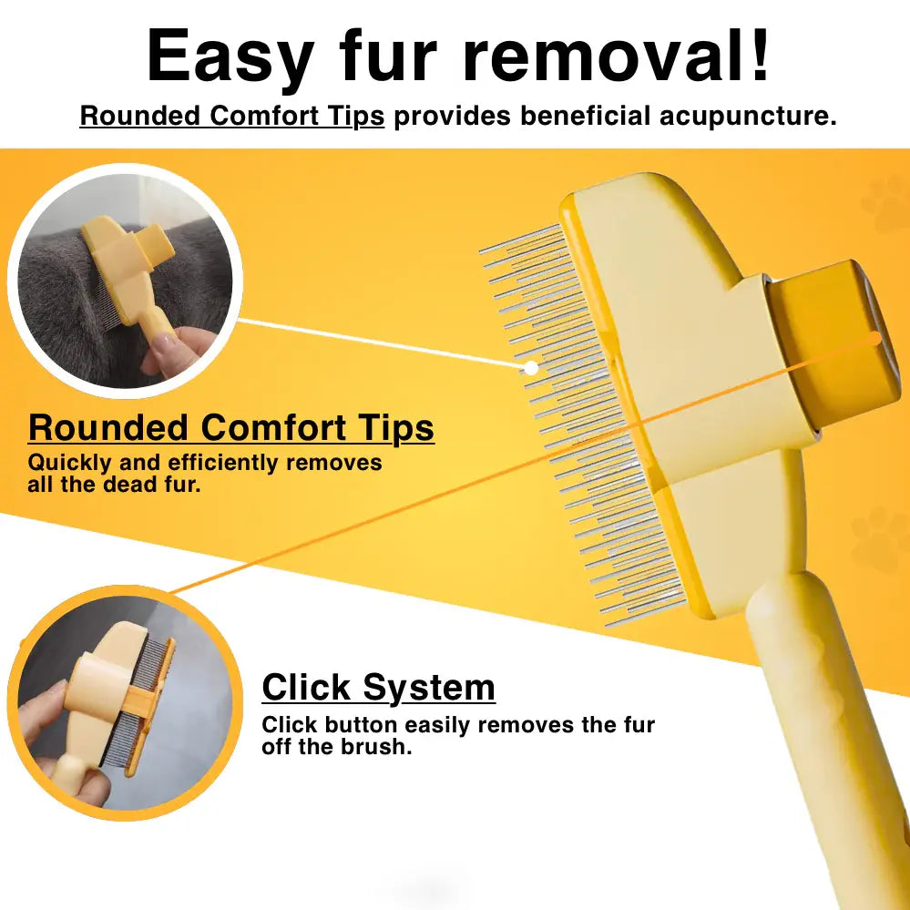 Callouts on the yellow self cleaning cat slicker brush for the rounded comfort tips and the click button that releases the fur.