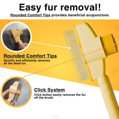 Callouts on the yellow self cleaning cat slicker brush for the rounded comfort tips and the click button that releases the fur.