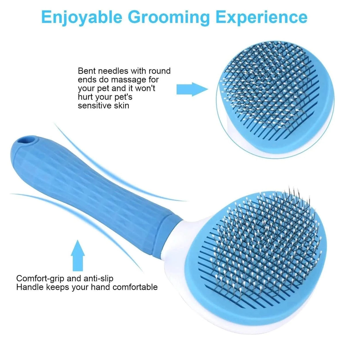 Blue self cleaning slicker brush showing the bent round-tipped pins that massage the skin and the comfort-grip anti-slip handle.
