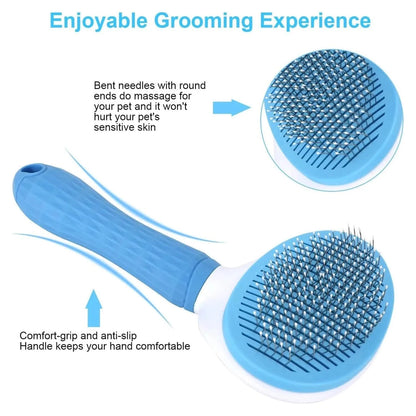 Blue self cleaning slicker brush showing the bent round-tipped pins that massage the skin and the comfort-grip anti-slip handle.