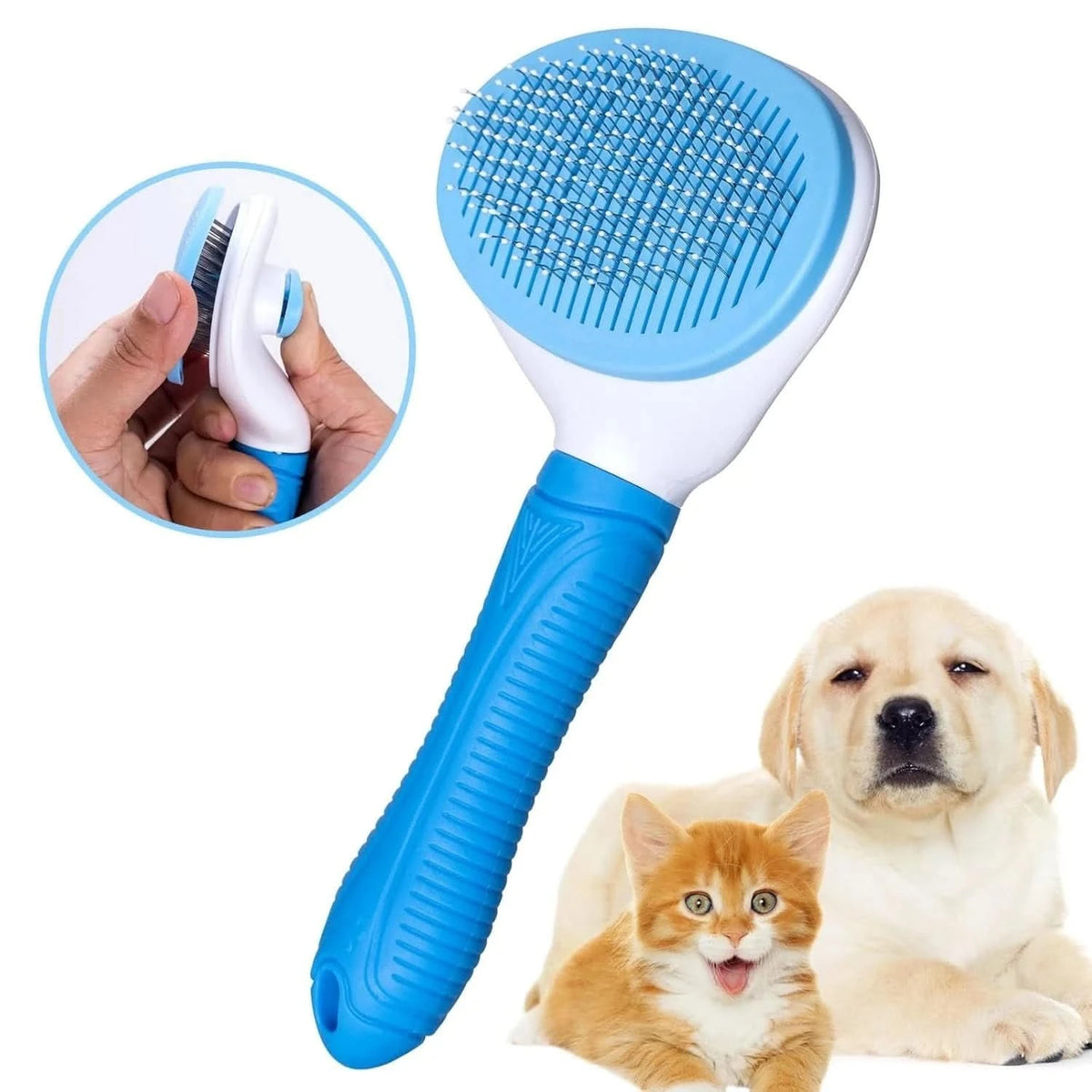 Blue self cleaning slicker brush with a hand pressing the release button, beside a Labrador puppy and an orange kitten.