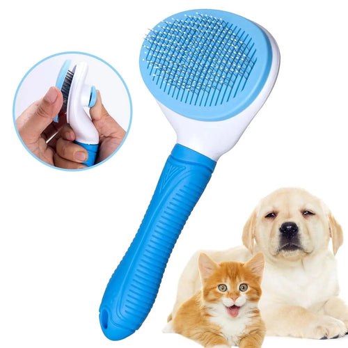 Blue self cleaning slicker brush with a hand pressing the release button, beside a Labrador puppy and an orange kitten.