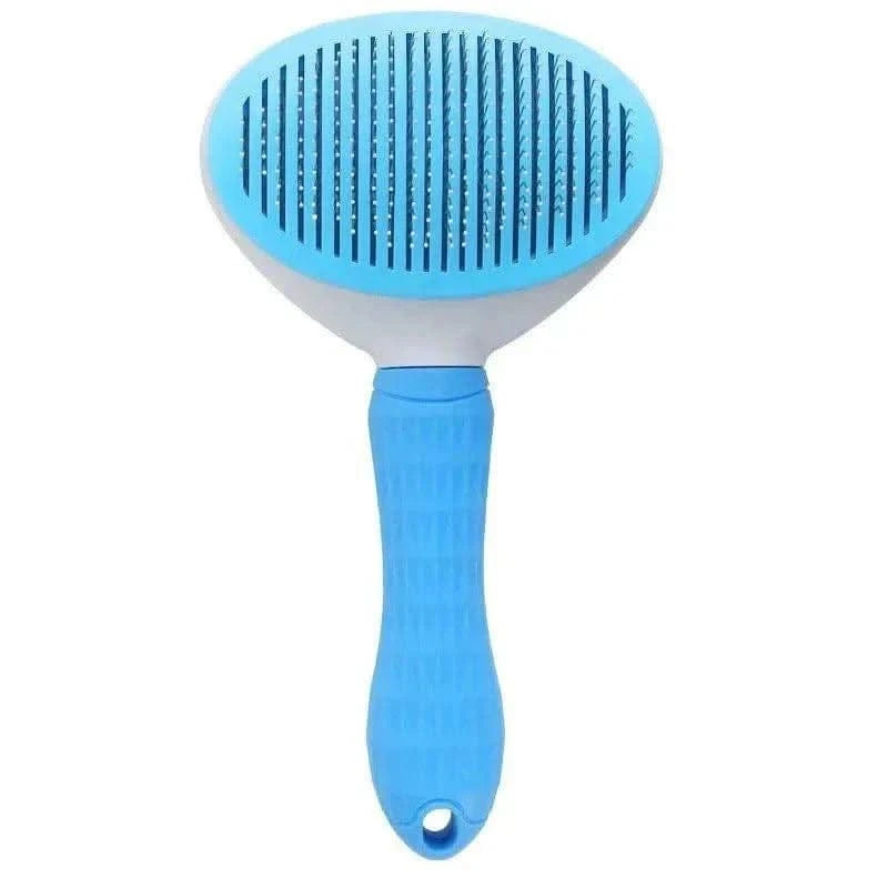 Blue self cleaning slicker brush on a white background.