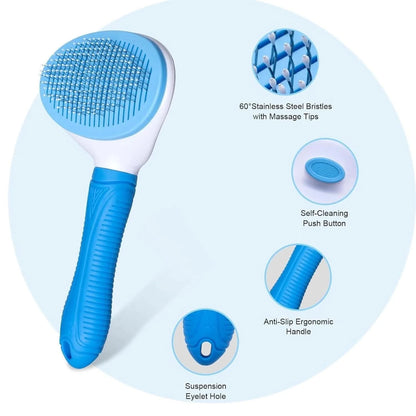 Blue self cleaning slicker brush with callouts for the stainless steel bristles with massage tips, self-cleaning push button, ergonomic handle and hanging eyelet.