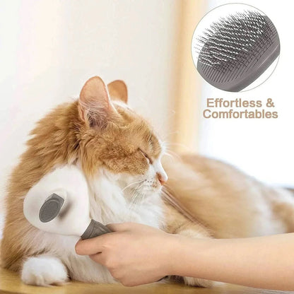 Gray self cleaning slicker brush against the cheek of a long-haired orange and white cat.