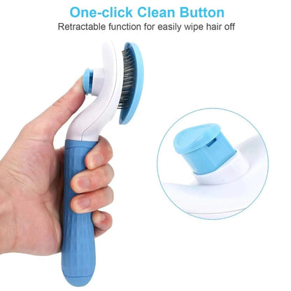 Hand holding the blue self cleaning slicker brush with a close-up of the one-click clean button that retracts the pins.