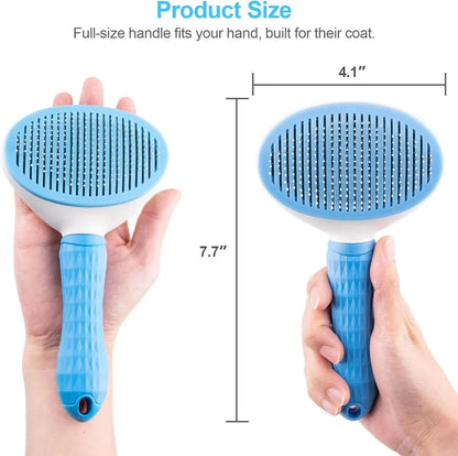 Self cleaning slicker brush in a hand with its 7.7 inch height and 4.1 inch head width marked.