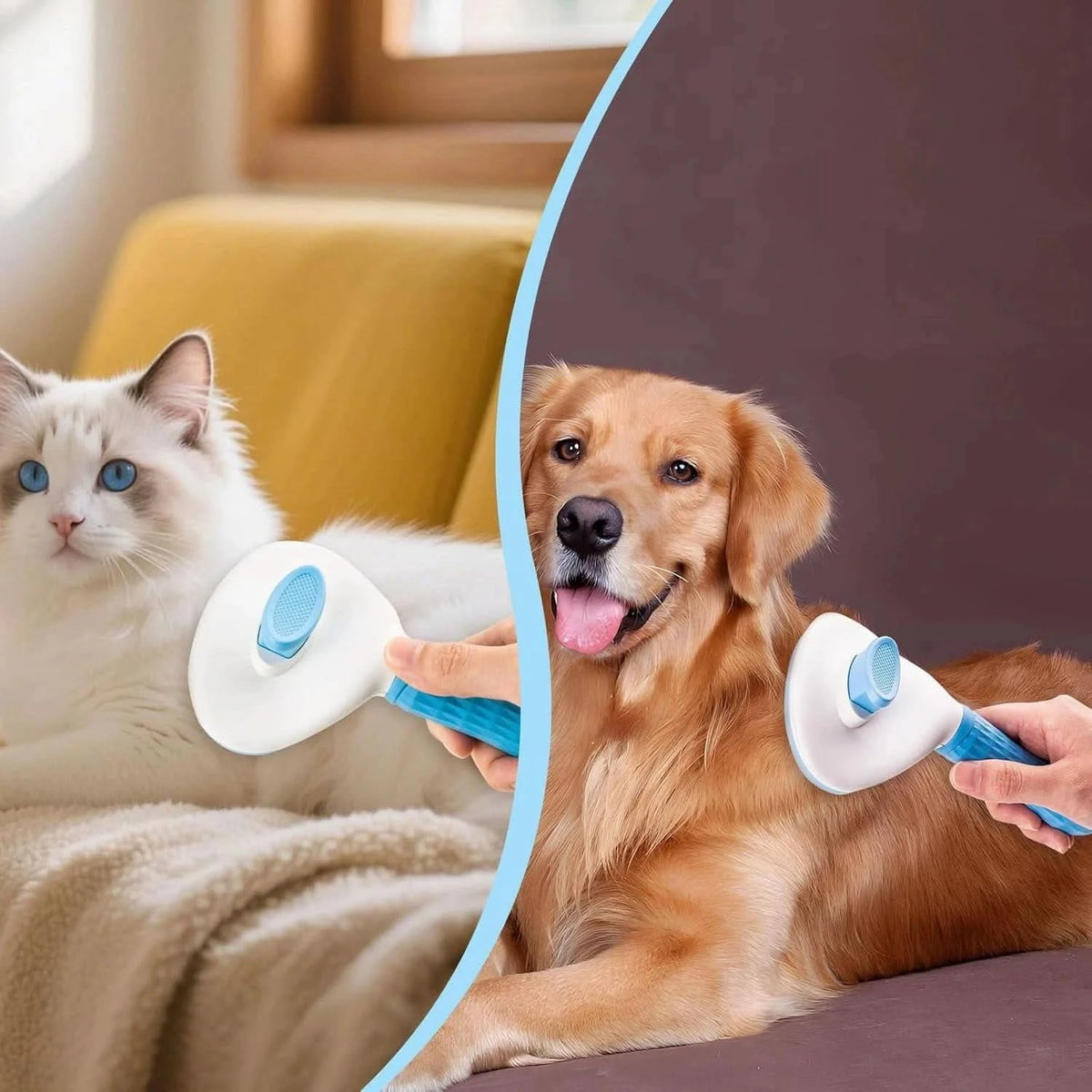 Ragdoll cat on a yellow chair and a golden retriever each being brushed with the blue self cleaning slicker brush.
