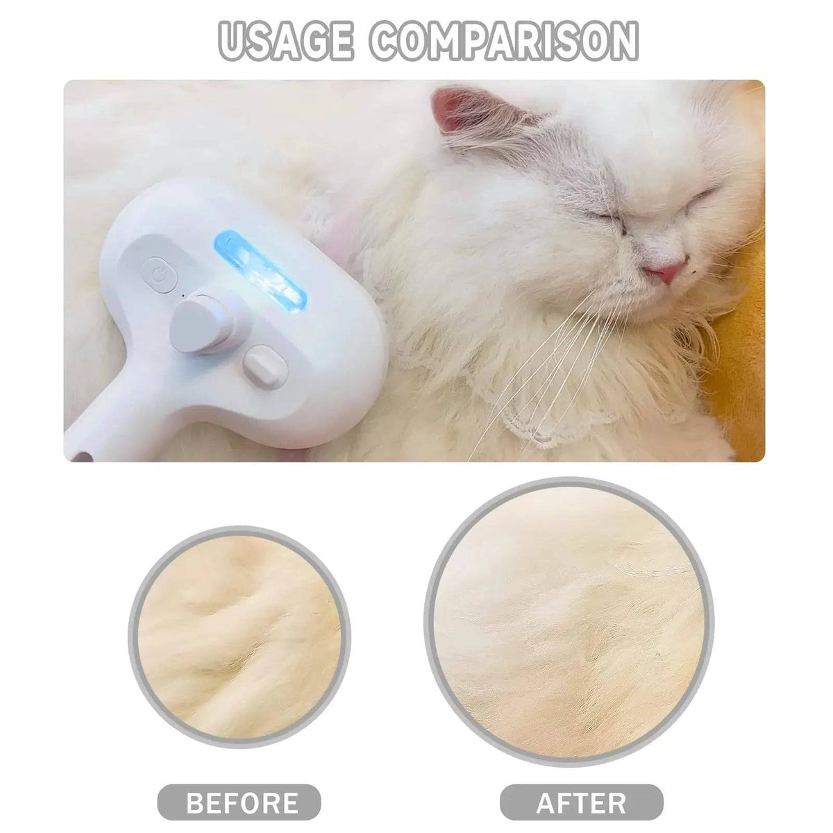 Cat being groomed with the self cleaning spray slicker brush beside before and after close ups of the coat.