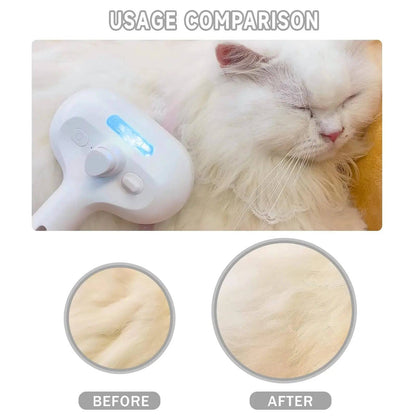 Cat being groomed with the self cleaning spray slicker brush beside before and after close ups of the coat.