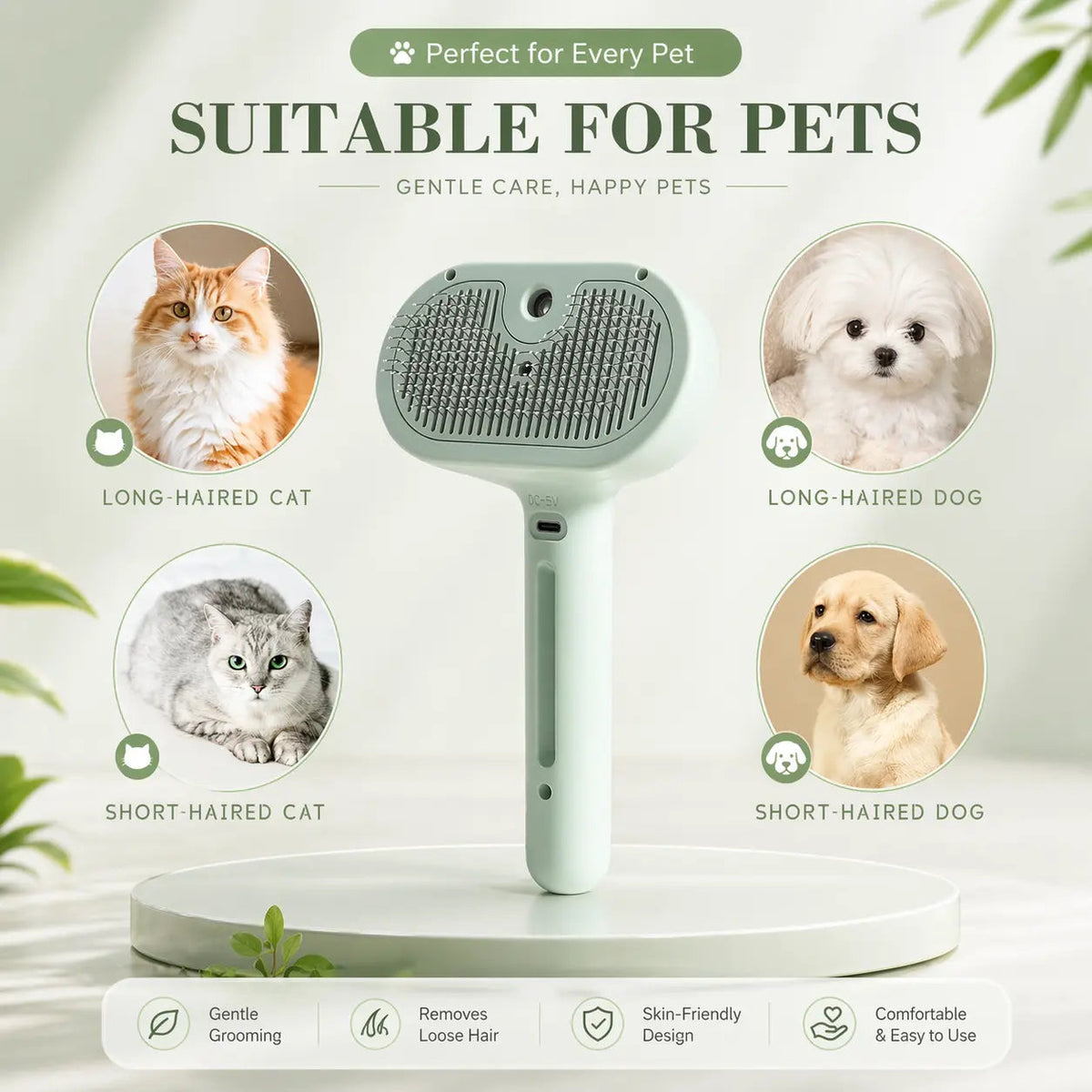 The self cleaning spray slicker brush shown as suitable for long and short haired cats and dogs.
