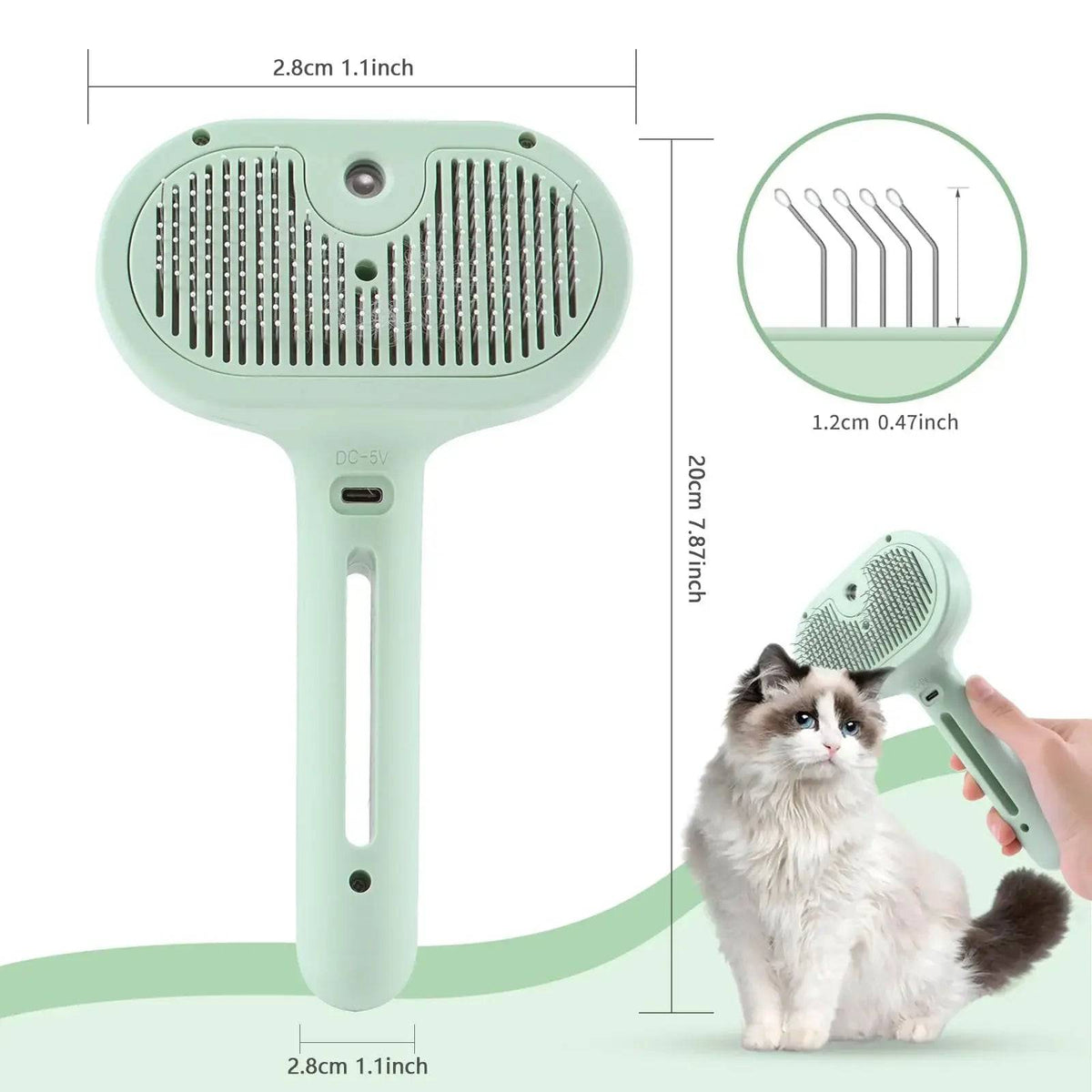 Green self cleaning spray slicker brush with its 20 cm length, 2.8 cm head width and 1.2 cm pins marked.