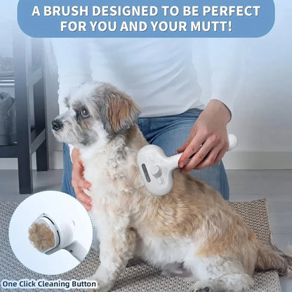 Owner grooming a doodle on a rug with the white self cleaning spray slicker brush.