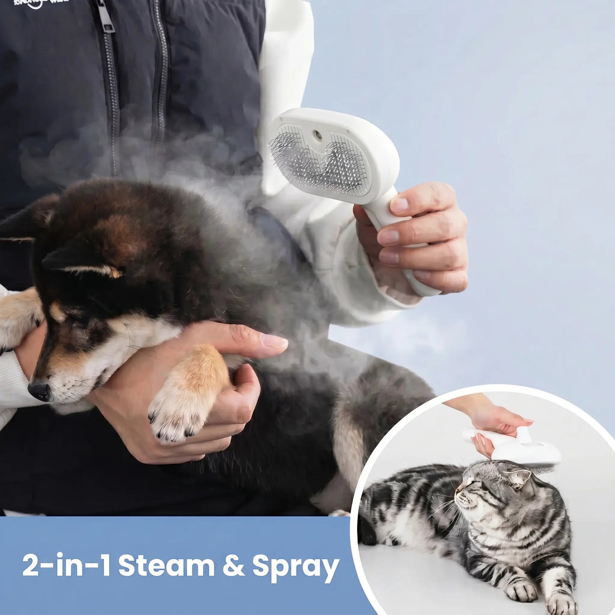 Self cleaning spray slicker brush releasing a fine mist while grooming a shiba inu.