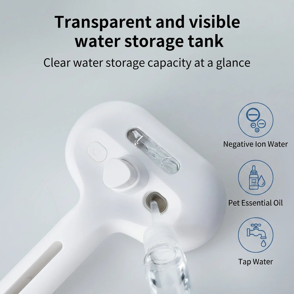 Transparent refillable water tank on the self cleaning spray slicker brush, captioned clear water storage capacity at a glance.