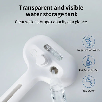 Transparent refillable water tank on the self cleaning spray slicker brush, captioned clear water storage capacity at a glance.