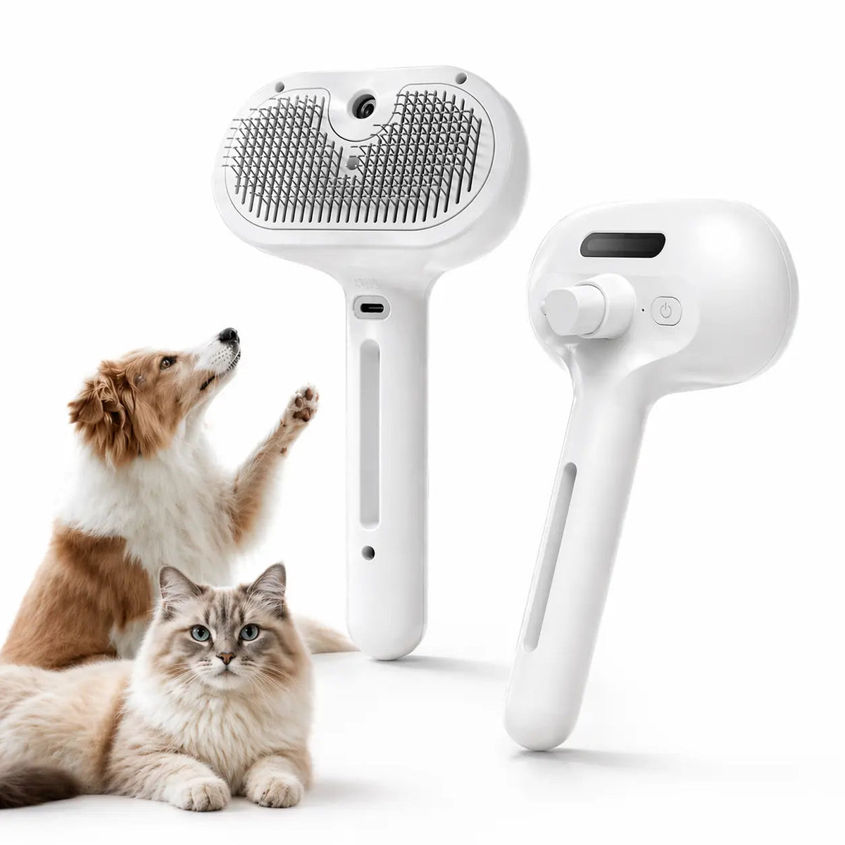 White self cleaning spray slicker brush shown beside a dog and a cat with the spray head separate.
