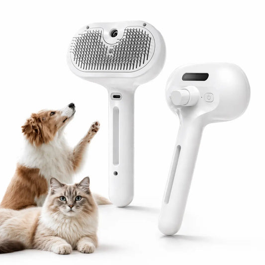 White self cleaning spray slicker brush shown beside a dog and a cat with the spray head separate.
