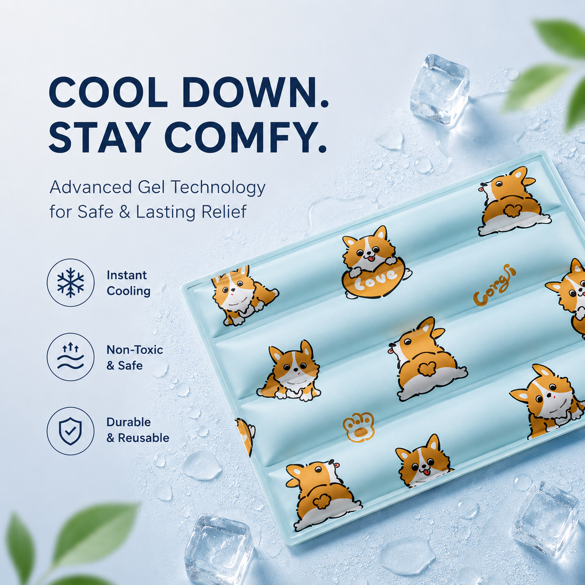 Blue corgi print gel mat surrounded by ice cubes, labeled advanced gel technology with instant cooling, non-toxic and durable reusable badges.