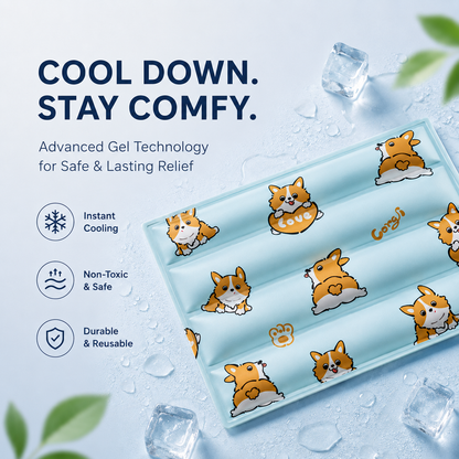 Blue corgi print gel mat surrounded by ice cubes, labeled advanced gel technology with instant cooling, non-toxic and durable reusable badges.