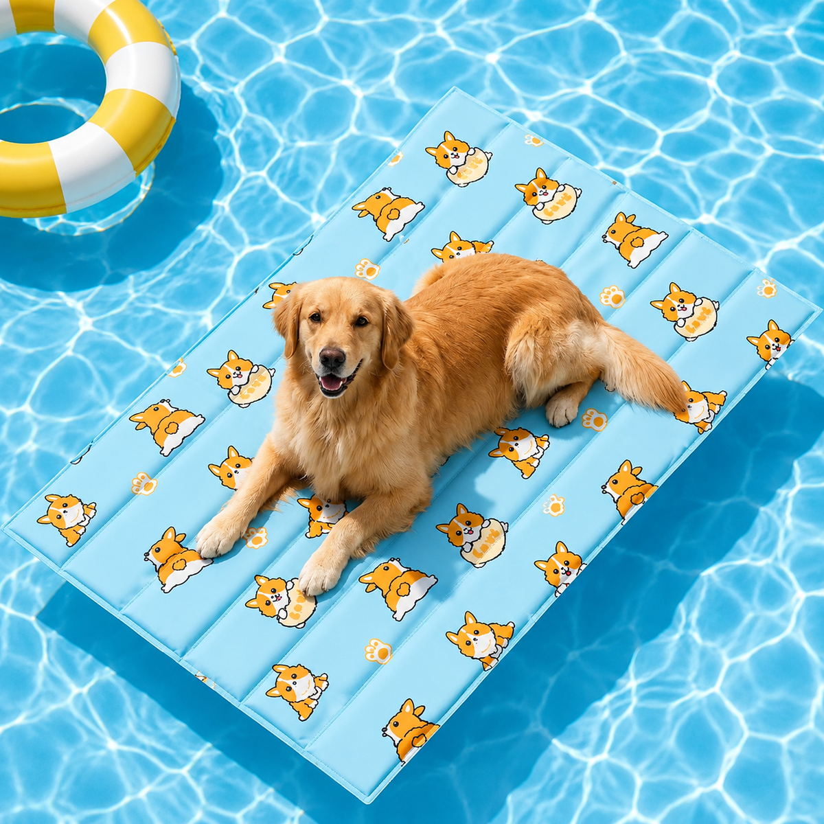 Golden retriever lying on the blue corgi print gel mat floating on a swimming pool.