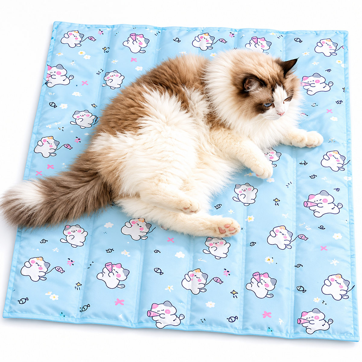 Ragdoll cat lying on the blue kitty print self cooling gel mat on a white floor.