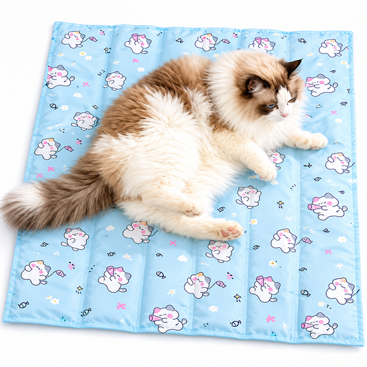 Ragdoll cat lying on the blue kitty print self cooling gel mat on a white floor.