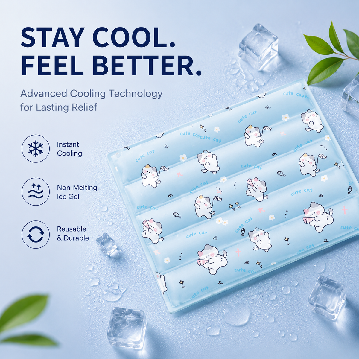 Blue kitty print self cooling gel mat with its channeled gel sections, labeled instant cooling with non-melting ice gel.