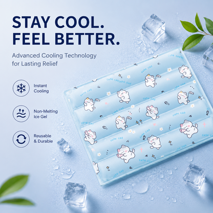 Blue kitty print self cooling gel mat with its channeled gel sections, labeled instant cooling with non-melting ice gel.