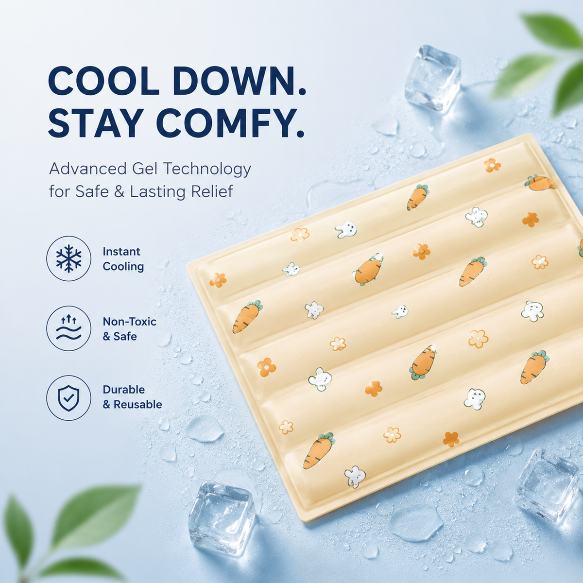 Carrot print self cooling gel mat with its channeled gel sections, photographed with ice cubes.