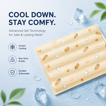 Carrot print self cooling gel mat with its channeled gel sections, photographed with ice cubes.