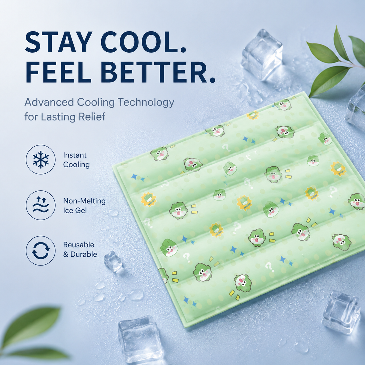 Green onion print self cooling gel mat with its channeled gel sections, labeled instant cooling with non-melting ice gel.
