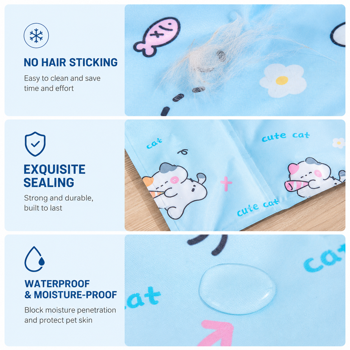 Three panels showing fur lifting off the mat surface, the sealed edge seams, and a water droplet sitting on the waterproof surface.