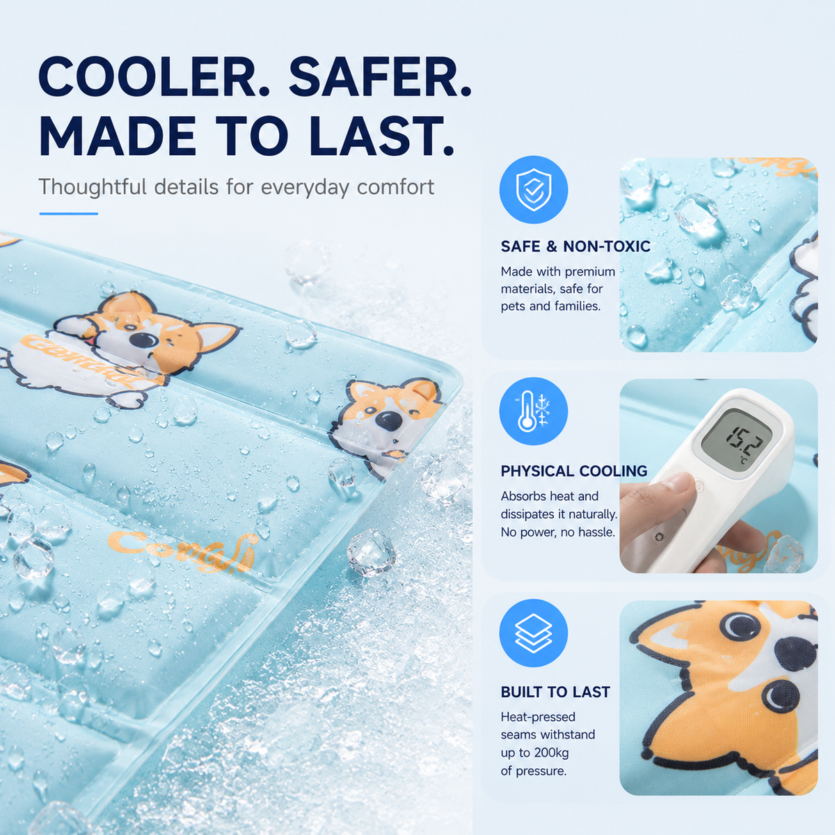 Close-up of the gel mat with water droplets, labeled safe and non-toxic, physical cooling that needs no power, and heat-pressed seams built to last.