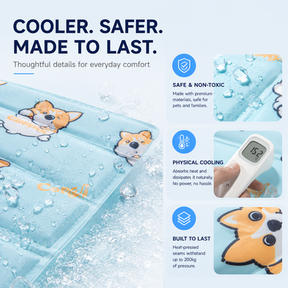 Close-up of the gel mat with water droplets, labeled safe and non-toxic, physical cooling that needs no power, and heat-pressed seams built to last.