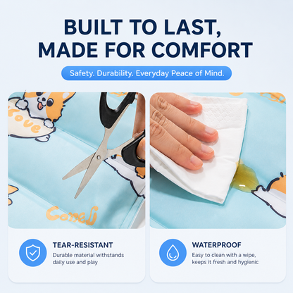 Scissors pressed against the gel mat surface and a cloth wiping a spill away, labeled tear-resistant and waterproof.
