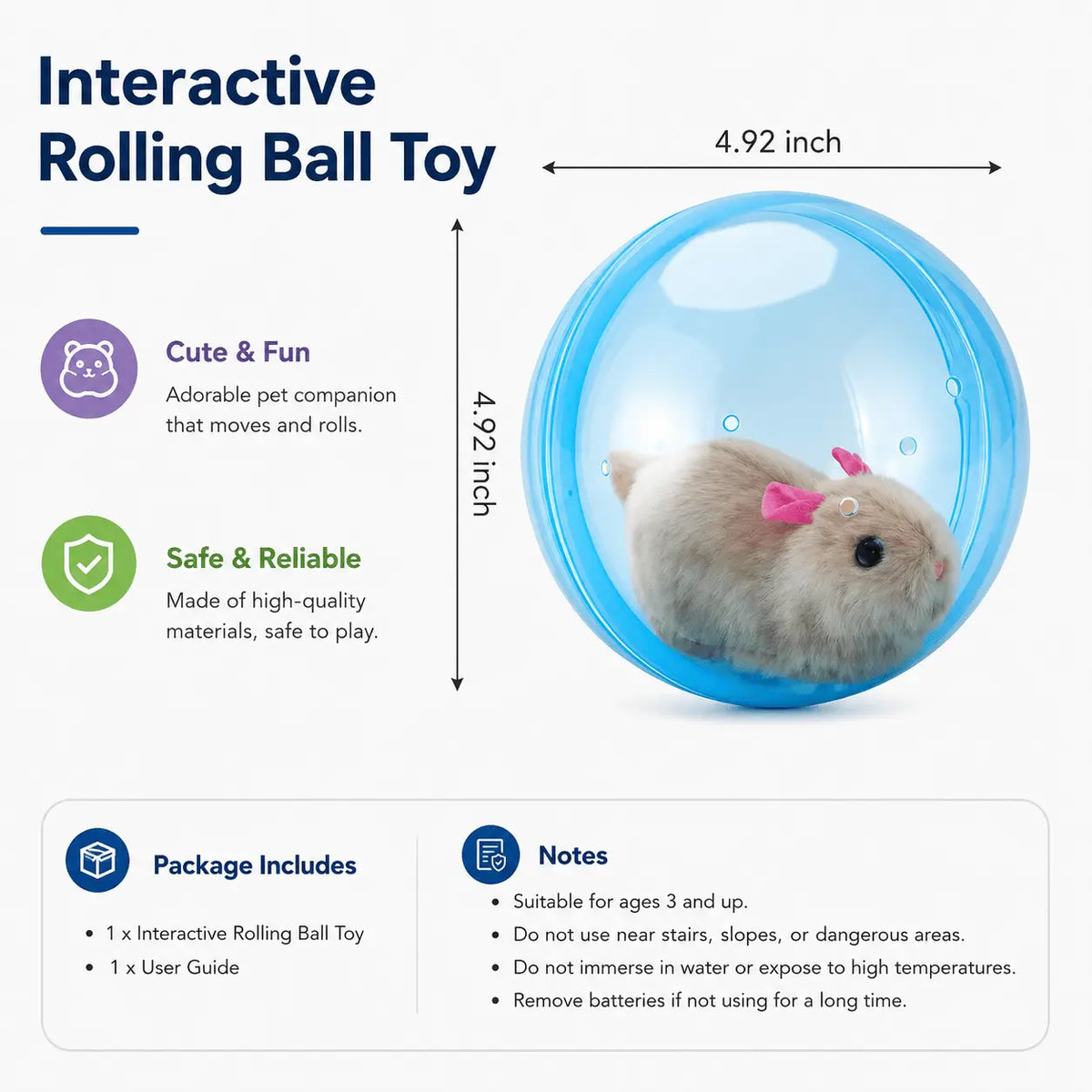 Diagram of the self rolling cat ball showing its 4.92 inch diameter and the package contents of one rolling ball toy and one user guide.