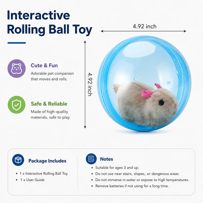 Diagram of the self rolling cat ball showing its 4.92 inch diameter and the package contents of one rolling ball toy and one user guide.